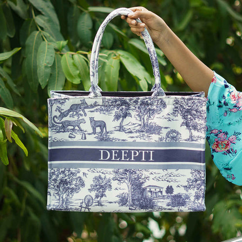 Customized Grey Jungle Printed Green Handheld Box Bag - Uncommongifts.in